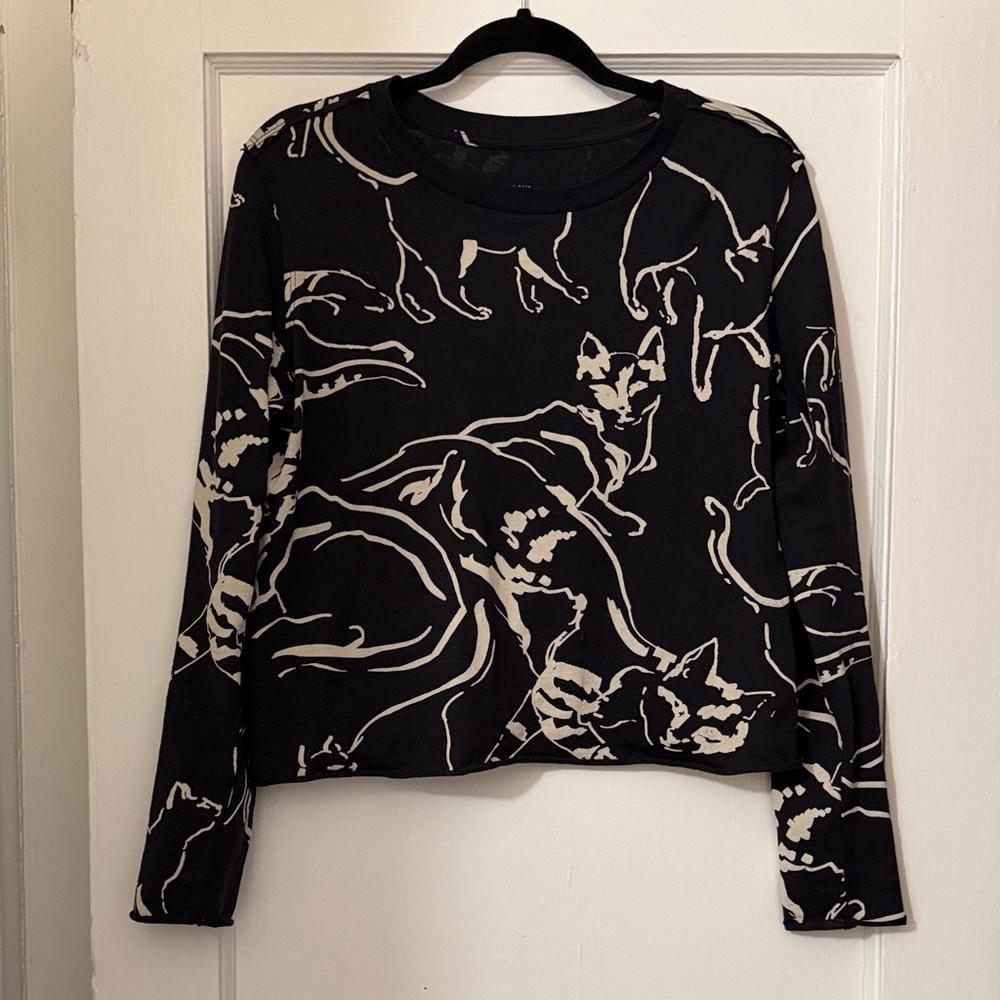 Maeve Black Long-Sleeve Tee with Cream Cat Outline Print